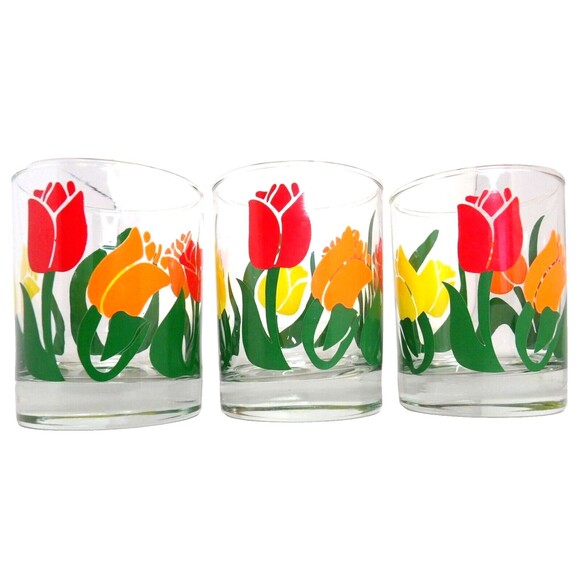 Tulip Floral 16 oz Double Old Fashioned 3 Glasses MCM Orange Red Yellow Lowball - Picture 1 of 5